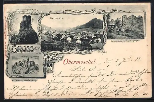 AK Obermoschel, Ruine Landsburg, Ortsansicht aus der Vogelschau