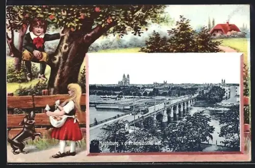 Grusskarten-AK Magdeburg, Ortsansicht von der Friedrichstadt aus gesehen