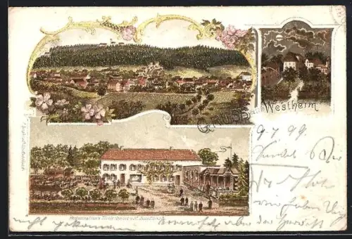 Lithographie Westheim / Schwaben, Restaurantion z. Tirolerhaus M. Burkhart, Ortspartie mit Mond, Totalansicht