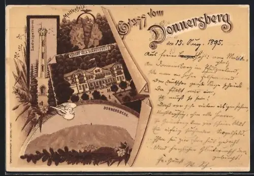 Vorläufer-Lithographie Donnersberg, 1895, Kurort Villa Donnersberg, Moltkefels, Ludwigsthurm, Ortsansicht