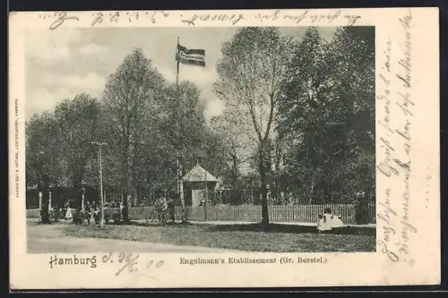 AK Hamburg-Gross-Borstel, Gaststätte Engelmanns Etablissement, Panorama mit Radfahrern