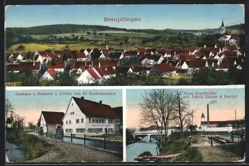 AK Bempflingen, Gasthaus-Bäckerei z. Löwen Fr. Nonnenmacher, Neue Ernstbrücke mit Fabrik Ellmer & Zweifel, Totalansicht