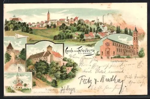 Lithographie Friedberg in Bayern, Gesamtansicht, Stadtpfarrkirche, Maria Alber, Schloss