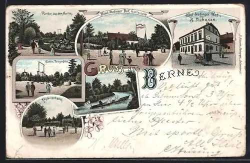 Lithographie Berne / Oldenburg, Hotel Stedinger Hof B. Lahusen mit Gartenansichten, Bootspartie