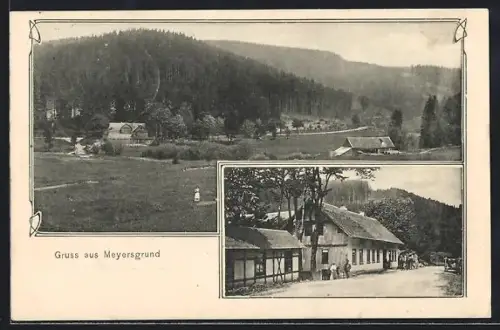 AK Manebach, Gasthof Meyersgrund mit Strasse und Landschaft