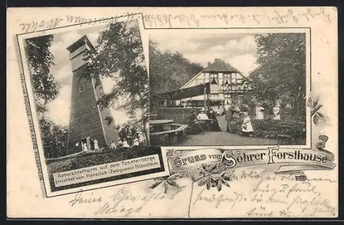 AK Diekholzen, Gasthof Söhrer Forsthaus mit Garten, Aussichtsturm auf dem Tosmerberge