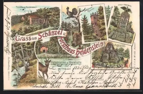 Lithographie Edenkoben, Schänzle & Forsthaus Heldenstein, Pfau-Denkmal, Hüttenbrunnen