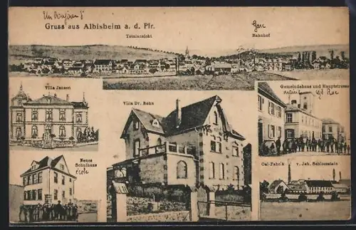 AK Albisheim a. d. Pfr., Ölfabrik Schlossstein, Villa Janson, Villa Dr. Bohn, Gemeindehaus u. Hauptstrasse, Ortsansicht