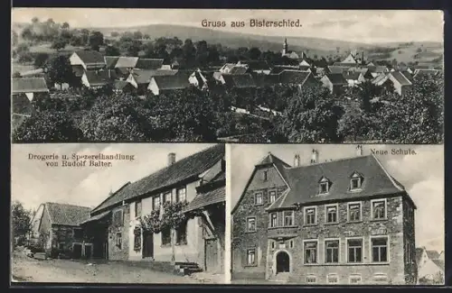 AK Bisterschied, Drogerie-Spezereihandlung R. Balter, Neue Schule, Totalansicht