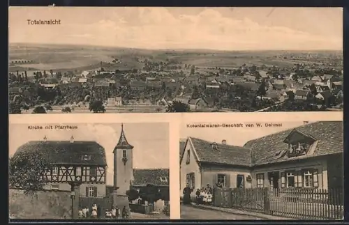 AK Bischheim i. Pfalz, Kolonialwaren-Geschäft von W. Dehmel, Kirche mit Pfarrhaus