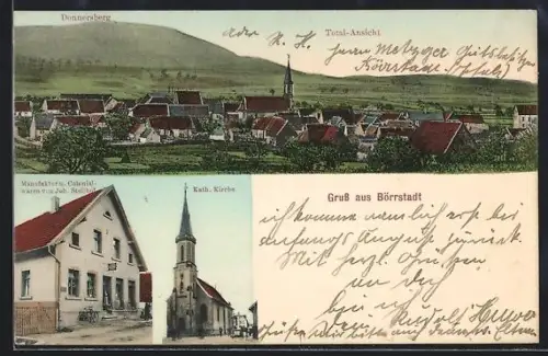 AK Börrstadt, Colonialwaren Joh. Stolthof, Totalansicht mit Donnersberg, Kirche