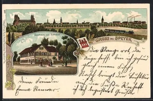 Lithographie Speyer, Gasthaus zum Bahnhof, Stadtpanorama, Wappen