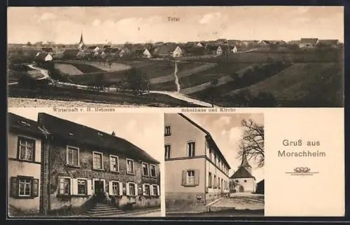 AK Morschheim, Gasthaus Wirtschaft H. Heimers, Schule u. Kirche, Totalansicht mit Landstrasse u. Feldern
