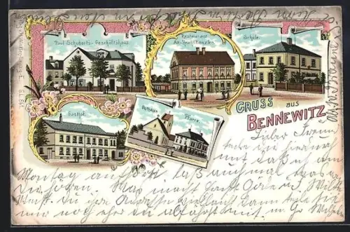 Lithographie Bennewitz / Wurzen, Restaurant Alt-Reichskanzler, Paul Schuber`s Geschäftshaus, Schule und Gasthof