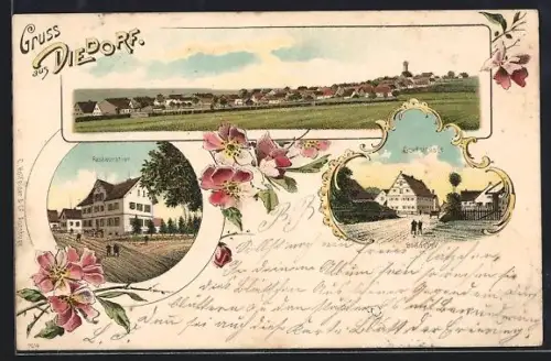 Lithographie Diedorf / Schwaben, Restaurant, Dorfstrasse und Gesamtansicht