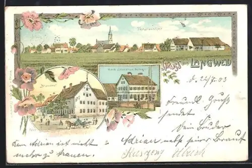 Lithographie Langweid, Brauerei, Haus Sebastian Schuster