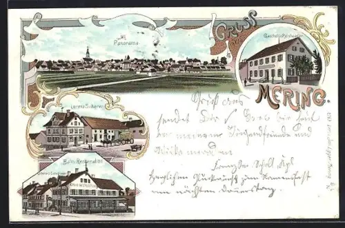 Lithographie Mering, Gasthof z. Reichsadler, Bahn-Restauration, Gasthaus Lorenz Scherer, Gesamtansicht