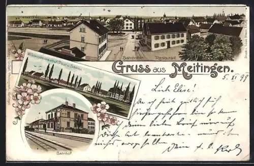 Lithographie Meitingen, Bahnhofstr. mit Restaurant, Bahnhof, Post und Schloss
