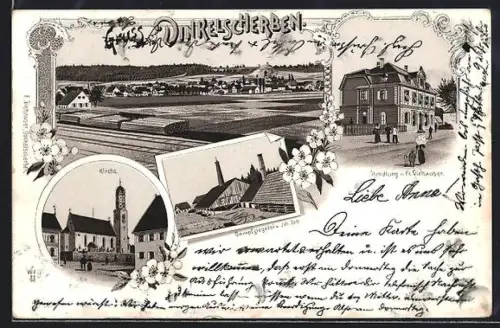 Lithographie Dinkelscherben, Handlung v. Fr. Viehhauser, Dampfziegelei v. Joh. Zott, Kirche