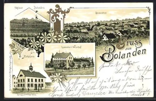 Lithographie Bolanden, Realanstalt Weierhof, Rathaus, Schloss Bolanden