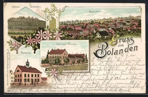 Lithographie Bolanden, Realanstalt Weierhof, Rathaus und Schloss Bolanden