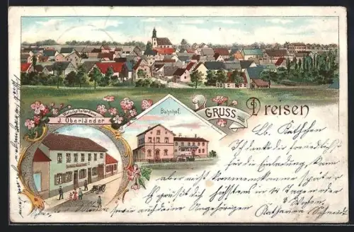 Lithographie Dreisen, Gasthaus und Handlung J. Oberländer, Bahnhof und Ortsansicht