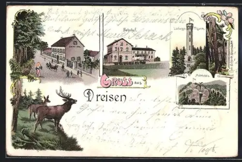 Lithographie Dreisen, Bahnhof, Ludwigsturm, Moltkefels