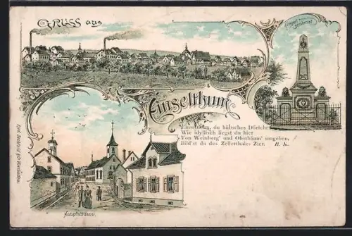 Lithographie Einselthum, Kriegerdenkmal, Hauptstrasse und Ortsansicht