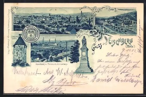 Lithographie Eisenberg /Pfalz, Papierfabrik, Storchenturm, Eisenhüttenwerk und Gesamtansicht