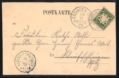 Lithographie Essingen / Pfalz, Kirche, Schule, Rathaus und Post