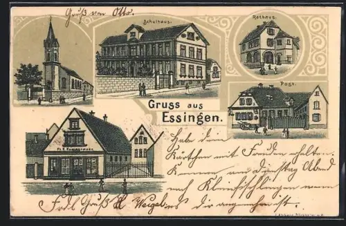 Lithographie Essingen / Pfalz, Rathaus, Schulhaus, Post und Kirche