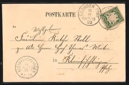 Lithographie Essingen / Pfalz, Rathaus, Schulhaus, Post und Kirche