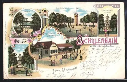 Lithographie Kirchheimbolanden, Restaurant Schillerhain, Pavillion, Schiller Denkmal, Kaiser Wilhelm Denkmal