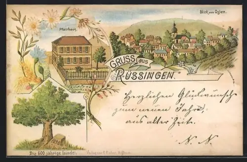 Lithographie Rüssingen, Pfarrhaus, Blick von Osten