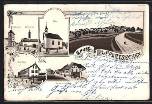 Lithographie Ruppertsecken, Totale, Schulhaus, Gasthaus v. J. Huy