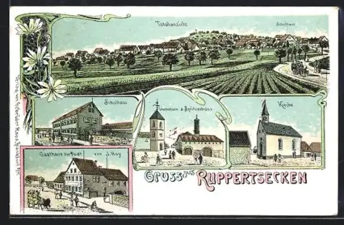 Lithographie Ruppertsecken, Gasthaus zur Post v. J. Huy, Schulhaus und Kirche