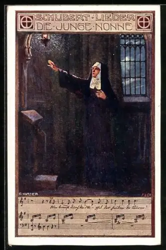 Künstler-AK Ernst Kutzer: Nonne streckt sich nach einer Laterne, Schubert-Lieder Die junge Nonne