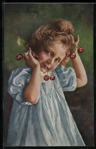 Künstler-AK Arno von Riesen: Kirschenliesl, Mädchen hält sich Kirchen an die Ohren