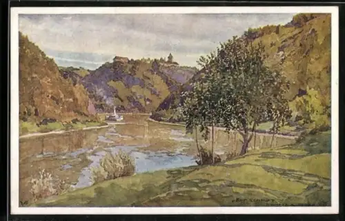 Künstler-AK Rudolf Schmidt: St. Martin im Mühlkreis, Blick nach Neuhaus an der Donau mit Dampfer
