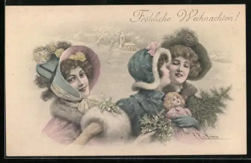 Künstler-AK Wichera, M. Munk Nr. 101: Drei junge Damen mit Mistelzweig und Puppe
