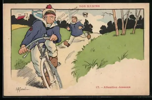 Künstler-AK Henri Gervèse: Matrose fährt auf einem Fahrrad