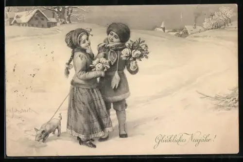 Künstler-AK H. Schubert: Junge und Mädchen mit Blumen und Ferkel im Schnee