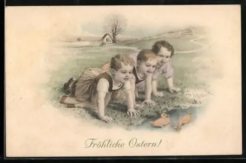 Künstler-AK H. Schubert: Drei Kinder beobachten Entenküken beim Baden