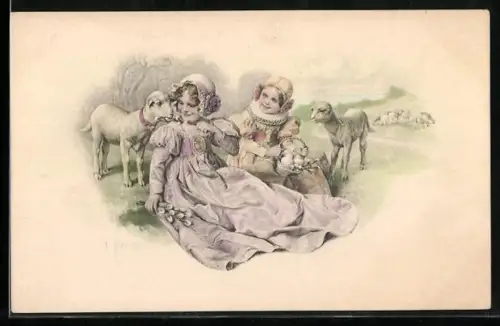 Künstler-AK H. Schubert: Zwei Mädchen mit Osterlämmern auf einer Wiese