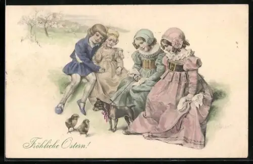 Künstler-AK H. Schubert: Vier Kinder mit einem Hund begegnen zwei Osterküken