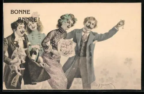 Künstler-AK H. Schubert: Paare mit Sekt, Blumen und Glücksschwein