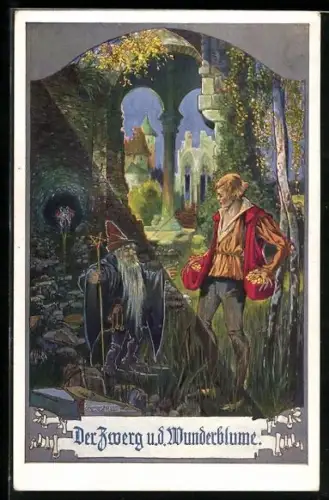 AK Der Zwerg und die Wunderblume, Knabe mit Taschen voller Geld