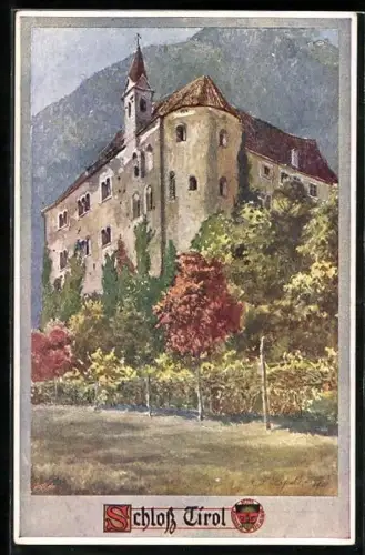 Künstler-AK E.F. Hofecker: Schloss Tirol, Ansicht mit Bergpanorama, Deutscher Schulverein
