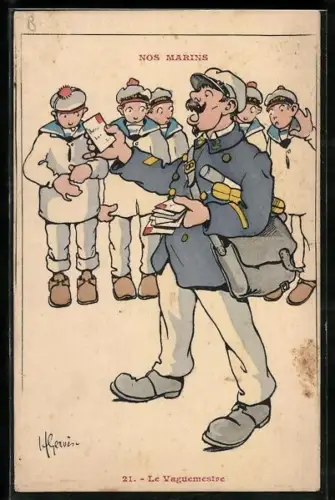 Künstler-AK Henri Gervèse: Postbote verteilt Briefe an Matrosen