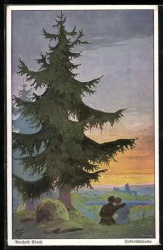 Künstler-AK Wohlgemuth & Lissner, Primus-Postkarte No. 3101, Zukunftsträume, Paar unter Tanne